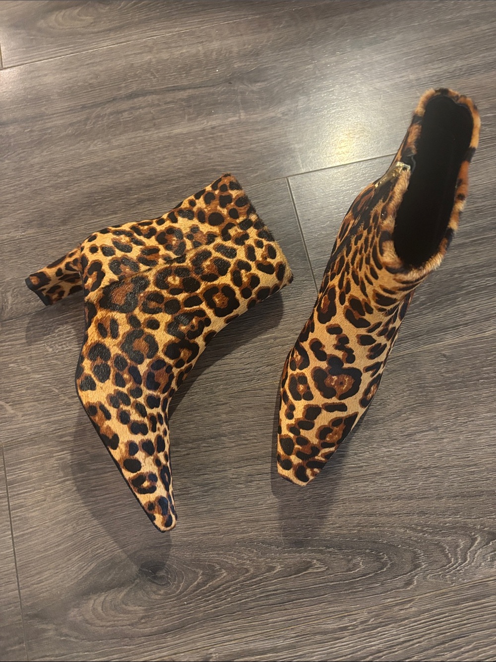 Andre Assous Leopard Print Pointed Ankle Booties in Brown and Black